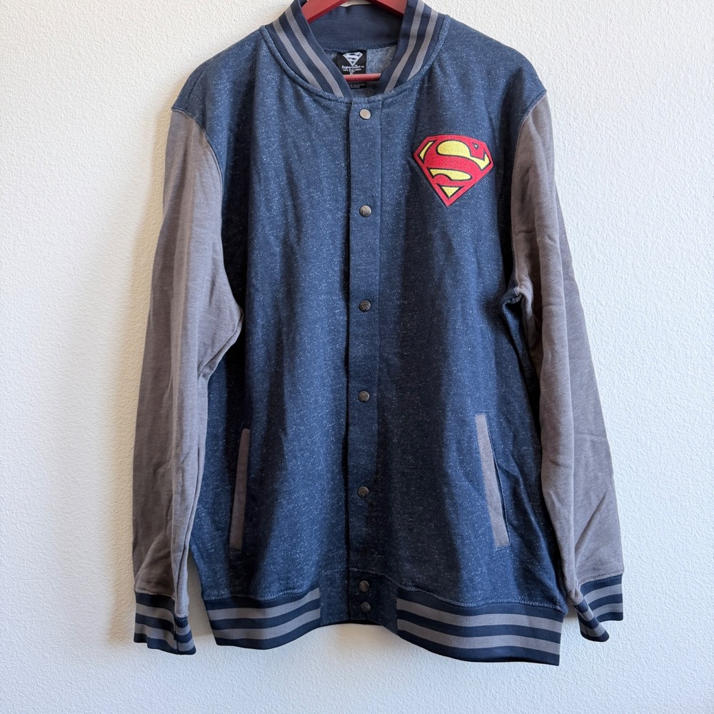 Superman DC Comics Men XL Blue Grey Varsity Snap Front Sweatshirt Jacket 2015